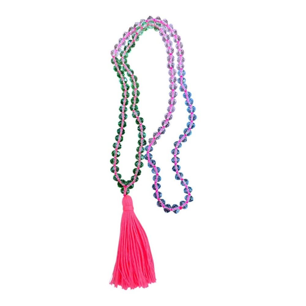 Colorful Beaded Mala Necklace with Pink Tassel Hand Knotted